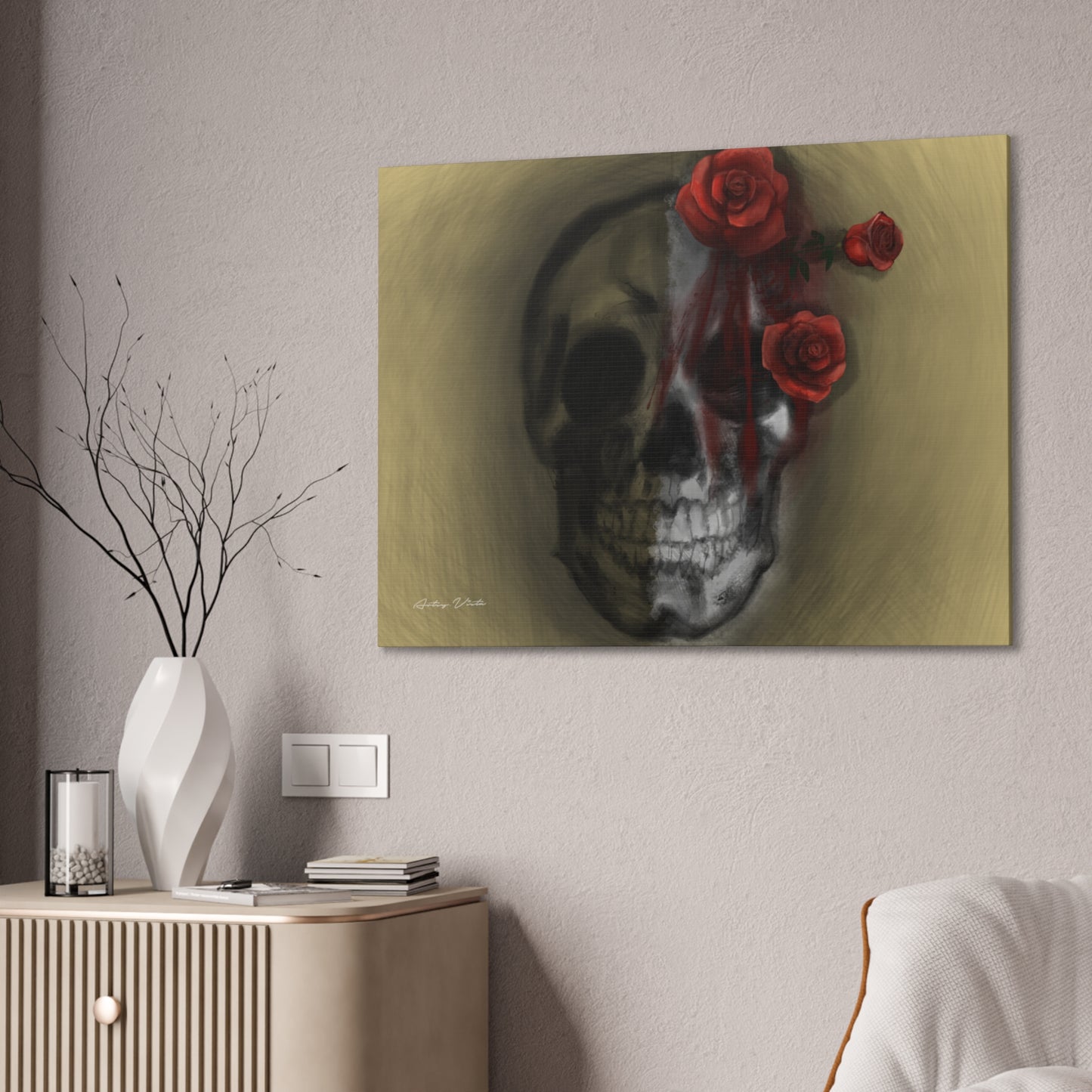 Skull with Red Roses Canvas Wall Art