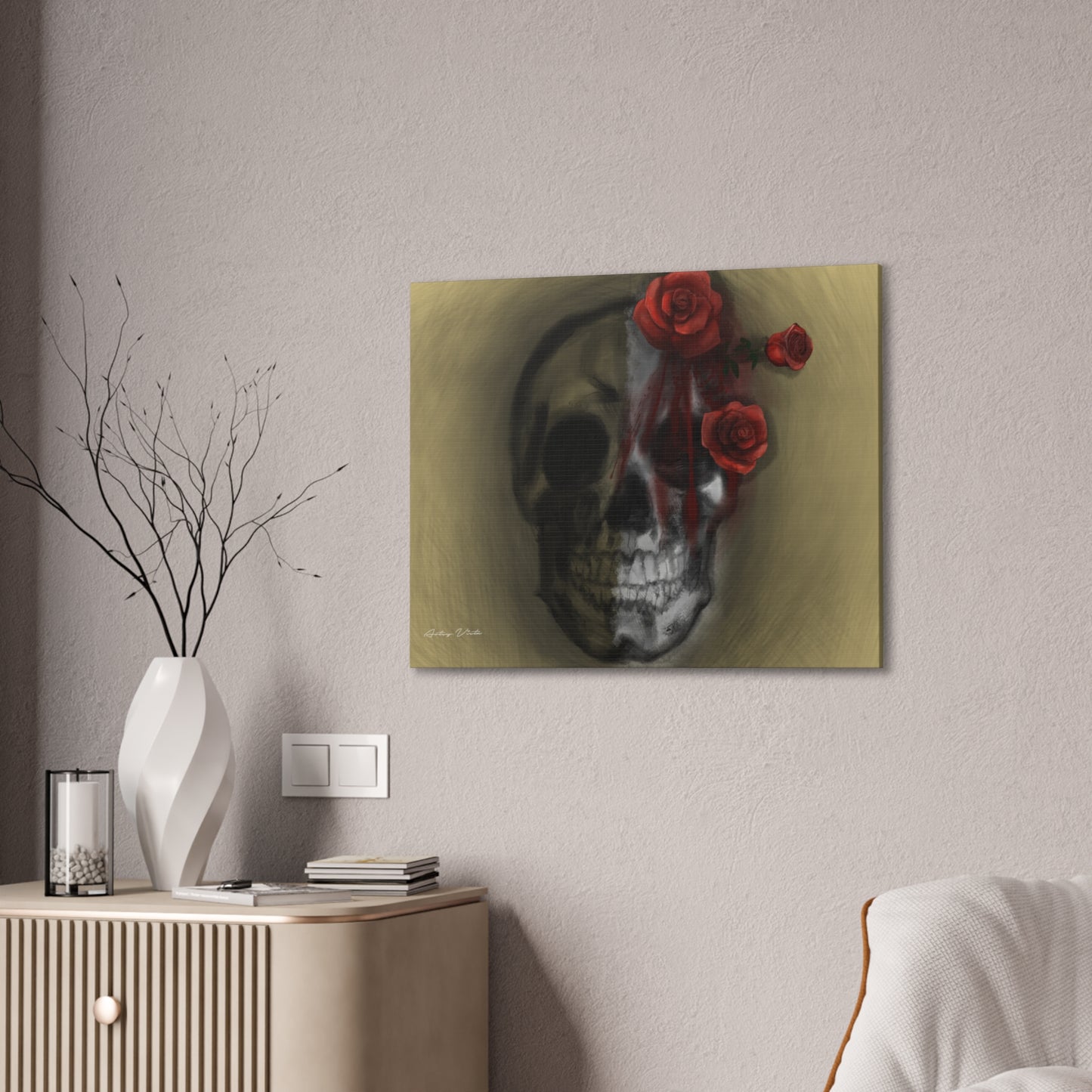 Skull with Red Roses Canvas Wall Art