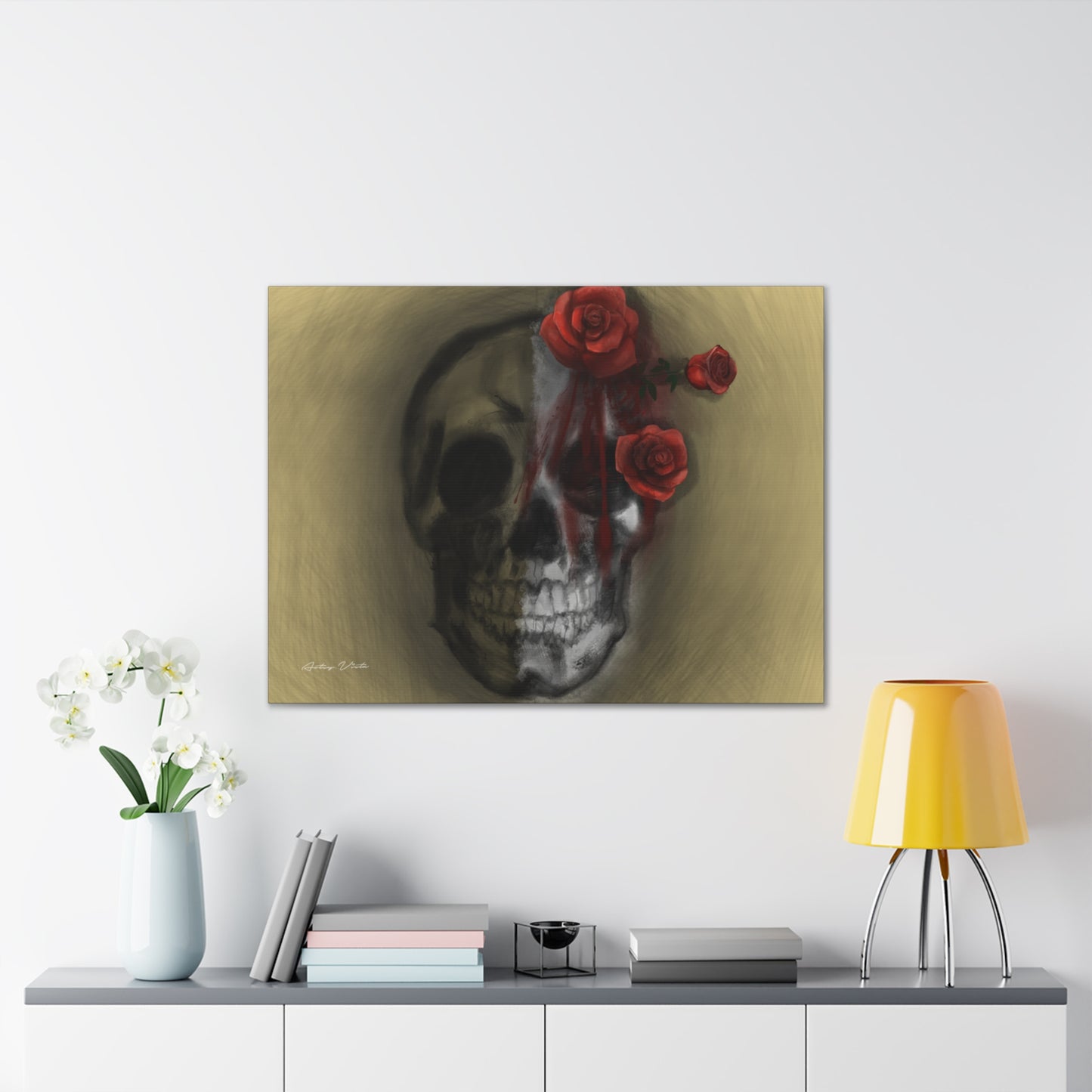 Skull with Red Roses Canvas Wall Art