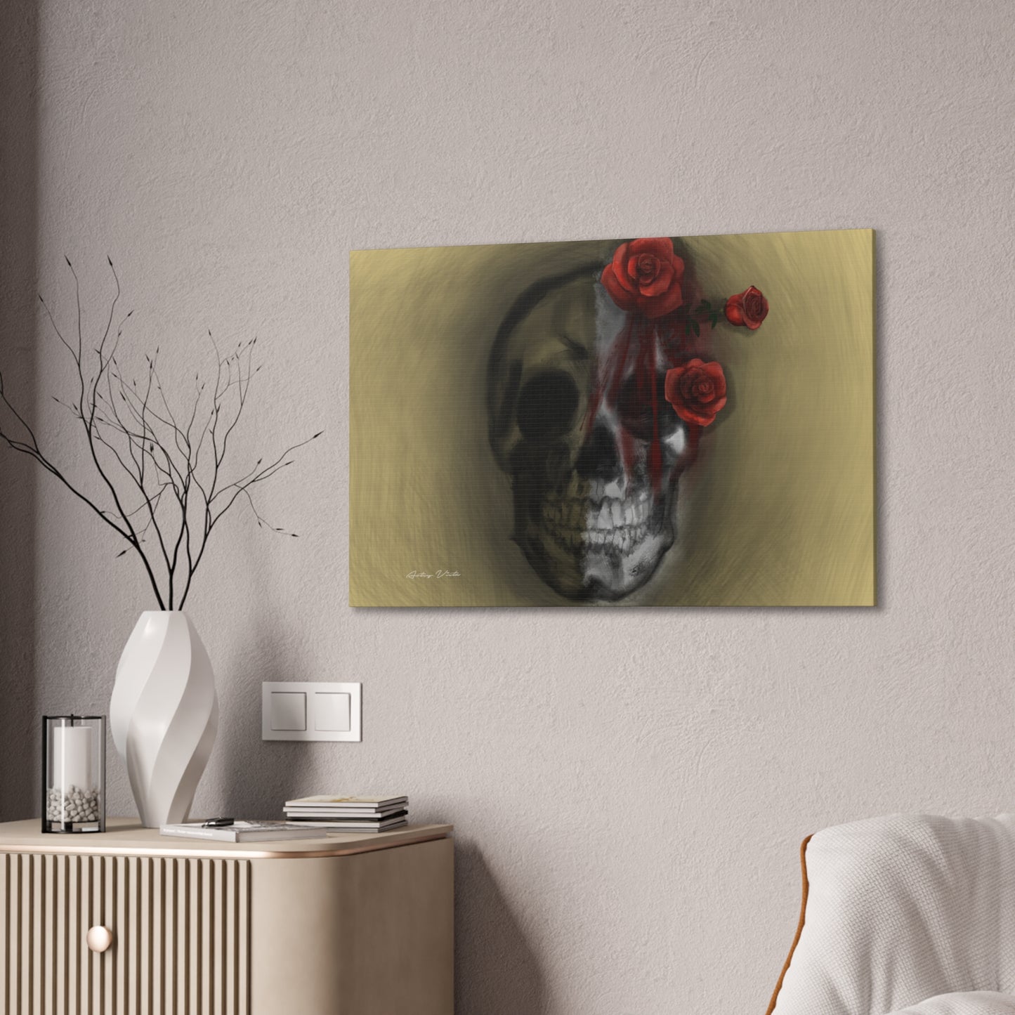 Skull with Red Roses Canvas Wall Art