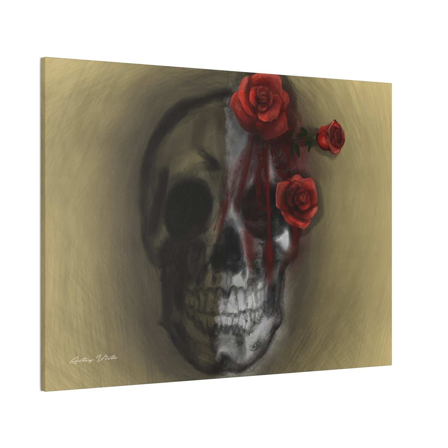 Skull with Red Roses Canvas Wall Art